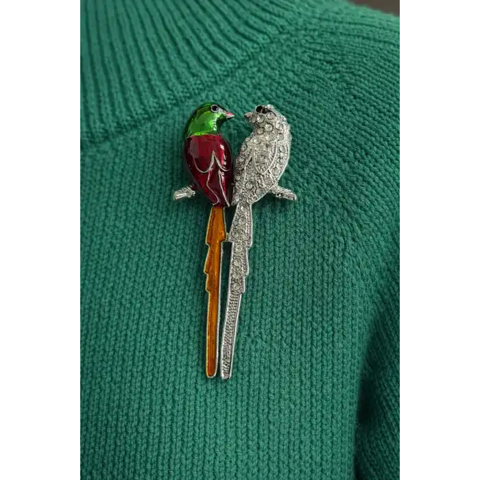 Kuş Figürlü Taşlı Broş