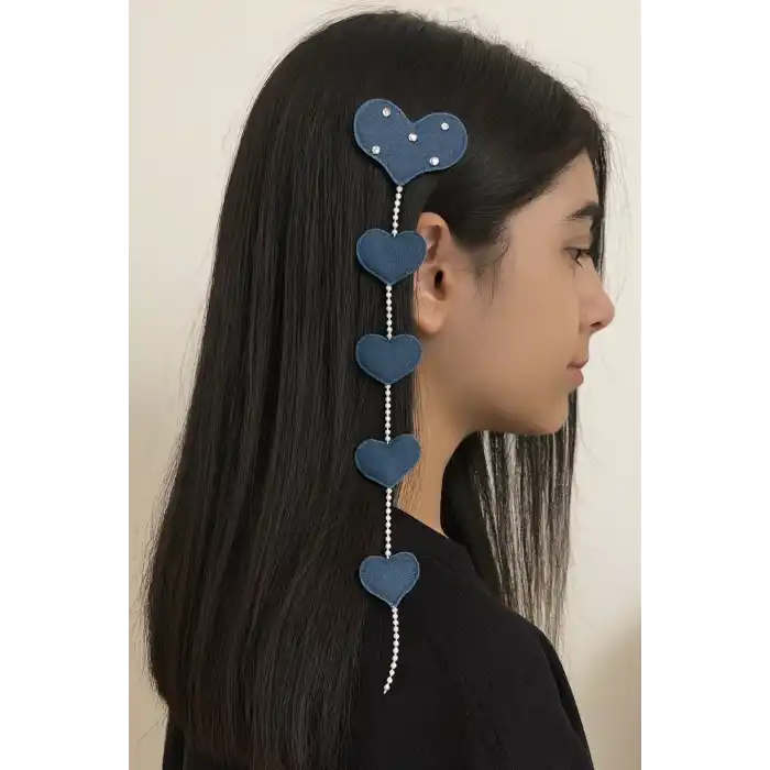 Lacivert Renk Kalp Figürlü İnci Ve Taş Detaylı Pens Toka