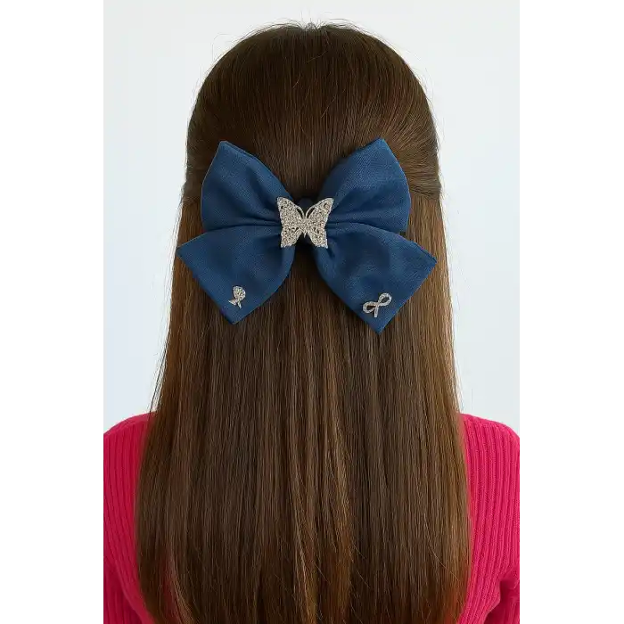 Lacivert Renk Kelebek Figürlü Kurdele Otomat Toka