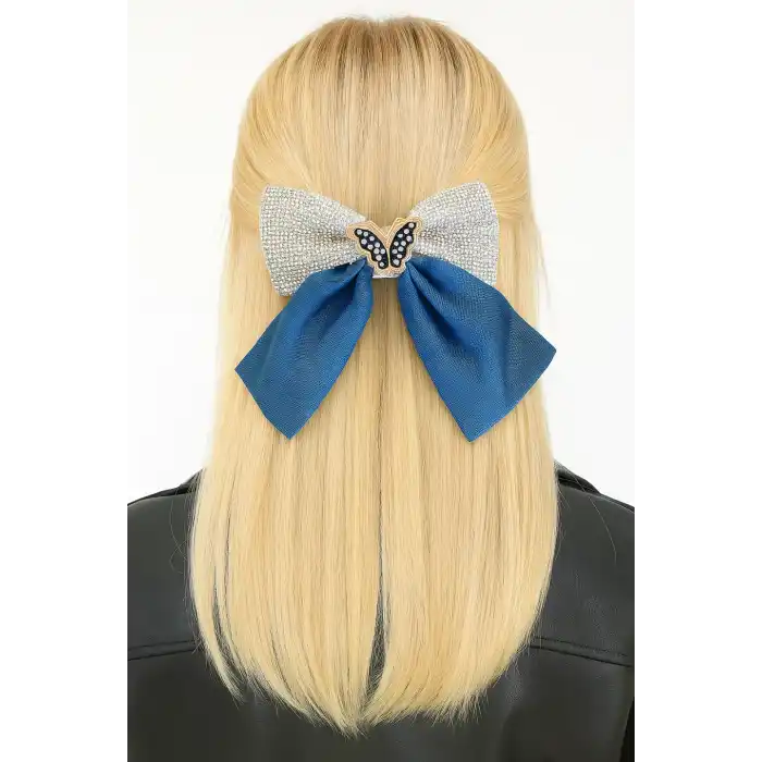 Lacivert Renk Kelebek Figürlü Taş Detaylı Kurdele Otomat Toka