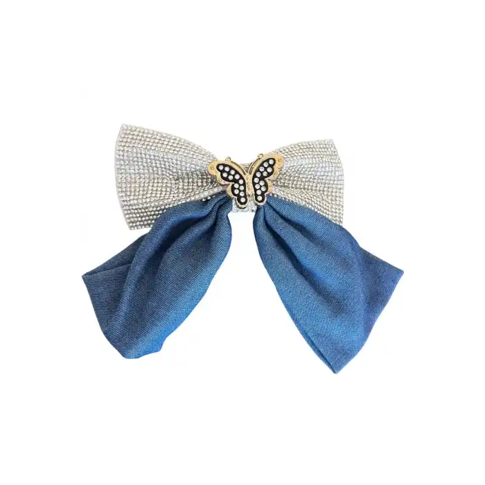 Lacivert Renk Kelebek Figürlü Taş Detaylı Kurdele Otomat Toka