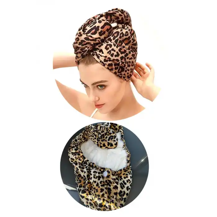 Leopar Desenli Saç Havlusu/Bonesi Lastikli