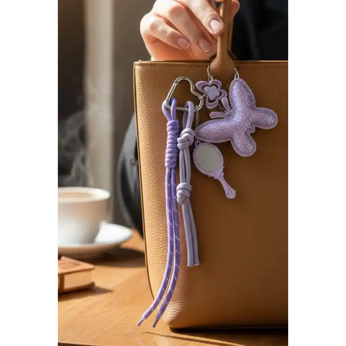 Lila Renk Karışık Figürlü Ayna Detaylı Çanta Charm/ Anahtarlık