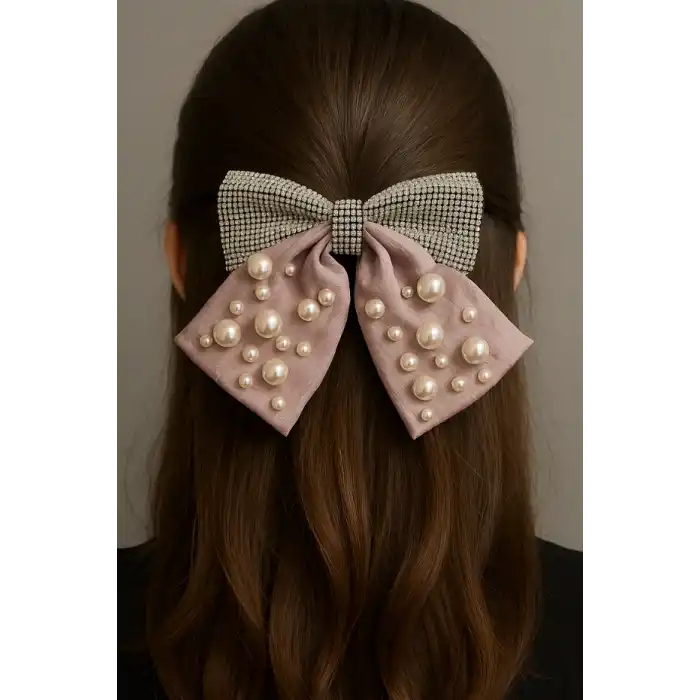 Lila Renk Kurdele Figürlü İnci Ve Taş Detaylı Otomat Toka