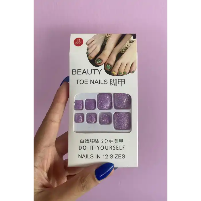 Lila Renk Sim Detaylı 12li Ayak Takma Tırnak Seti