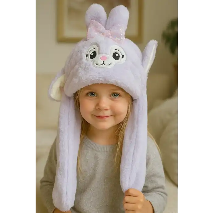 Lila Renk Tavşan Figürlü Kulakları Oynayan Peluş Şapka