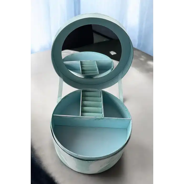 Mavi Renk Ayna Detaylı 2 Bölmeli Takı Organizeri