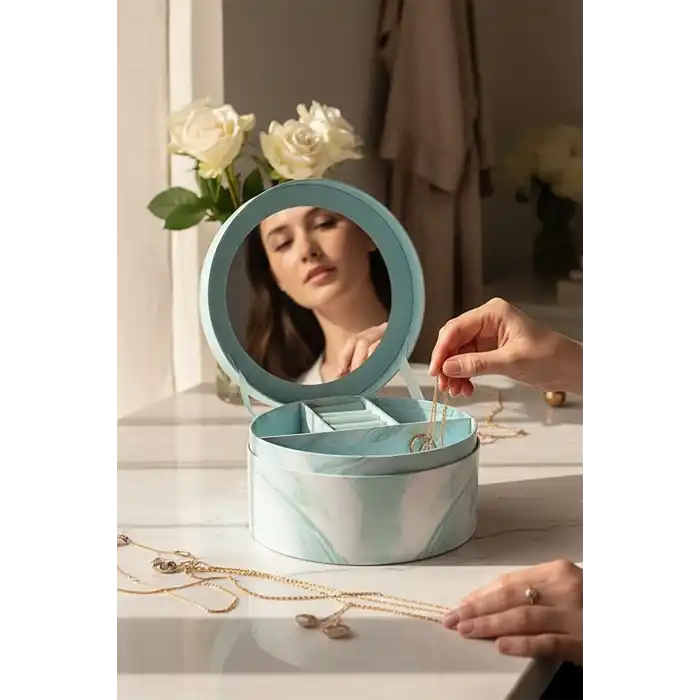 Mavi Renk Ayna Detaylı 2 Bölmeli Takı Organizeri