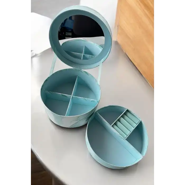 Mavi Renk Ayna Detaylı 2 Bölmeli Takı Organizeri