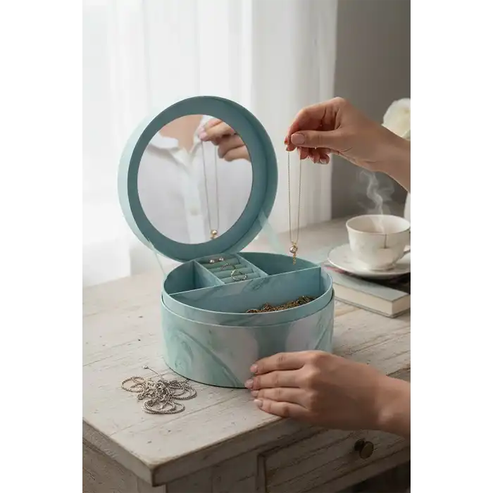 Mavi Renk Ayna Detaylı 2 Bölmeli Takı Organizeri