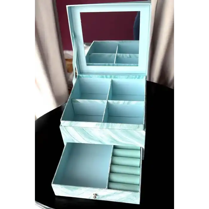 Mavi Renk Ayna Detaylı Bölmeli Çekmeceli Takı Organizeri