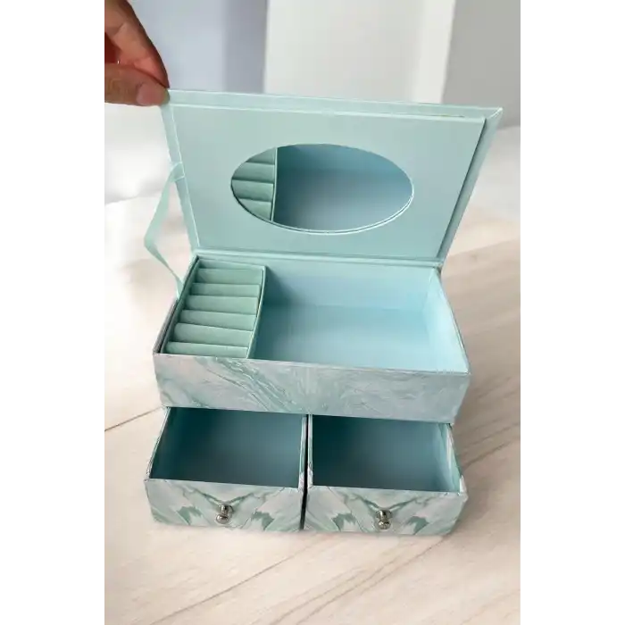 Mavi Renk Ayna Detaylı Bölmeli Çekmeceli Takı Organizeri