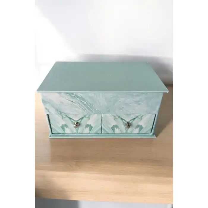 Mavi Renk Ayna Detaylı Bölmeli Çekmeceli Takı Organizeri