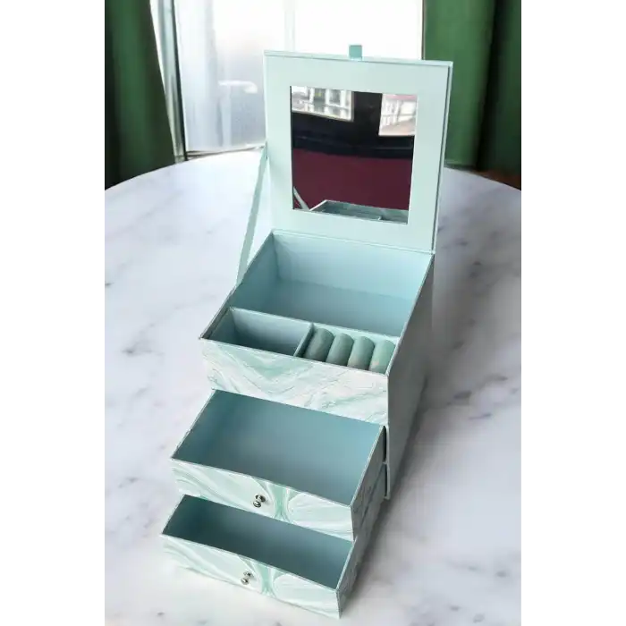 Mavi Renk Ayna Ve Çekmece Detaylı Takı Organizeri