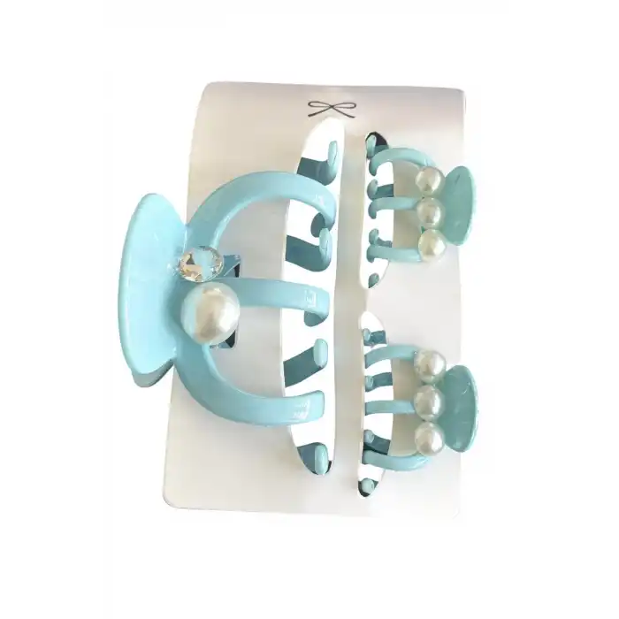 Mavi Renk İnci Detaylı 3lü Kemik Mandal Toka Set