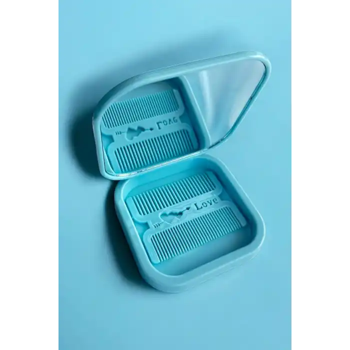 Mavi Renk Karışık Figürlü Tarak / Masa Aynası Set