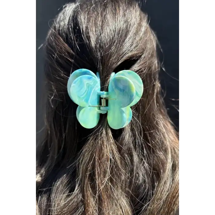 Mavi Renk Kelebek Figürlü Mermer Desenli Kemik Mandal Toka