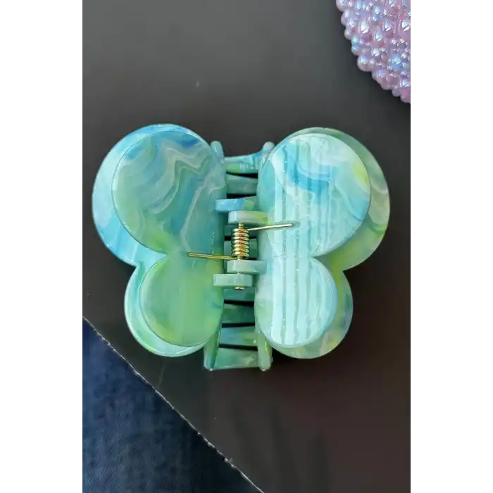 Mavi Renk Kelebek Figürlü Mermer Desenli Kemik Mandal Toka