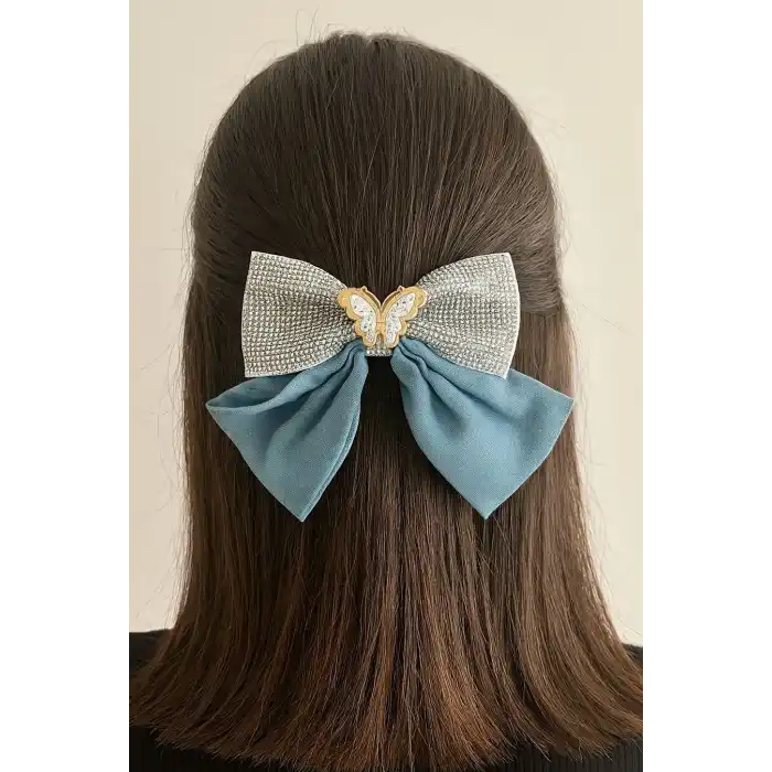 Mavi Renk Kelebek Figürlü Taş Detaylı Kurdele Otomat Toka