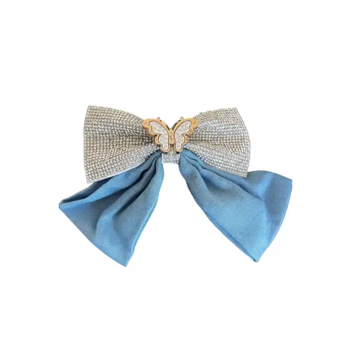 Mavi Renk Kelebek Figürlü Taş Detaylı Kurdele Otomat Toka