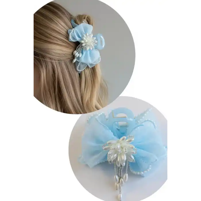 Mavi Renk Kurdele Figürlü İnci Detaylı Mandal Toka