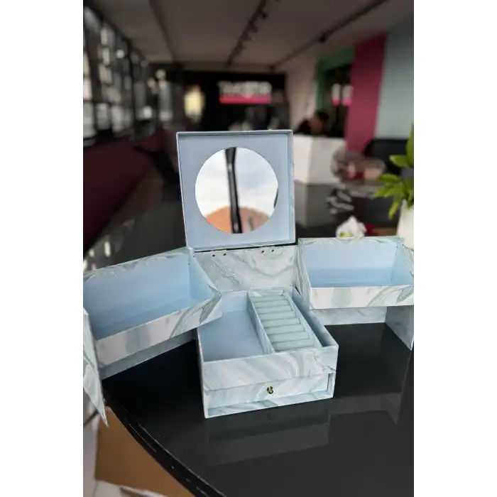 Mavi Renk Kutulu Ayna Detaylı Takı Organizer