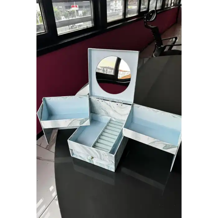 Mavi Renk Kutulu Ayna Detaylı Takı Organizer