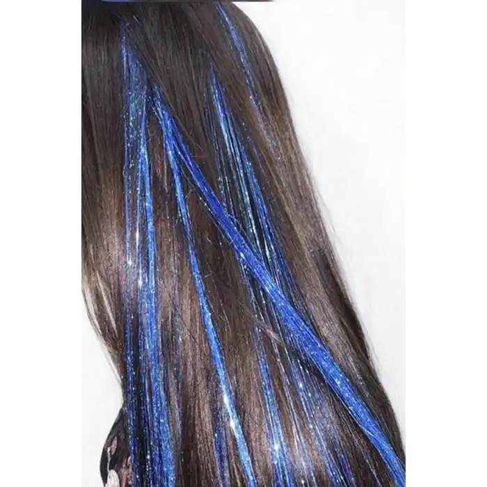 Mavi Renk Simli Yan Postiş Hair Tinsel Shiny Hair (50 Cm)