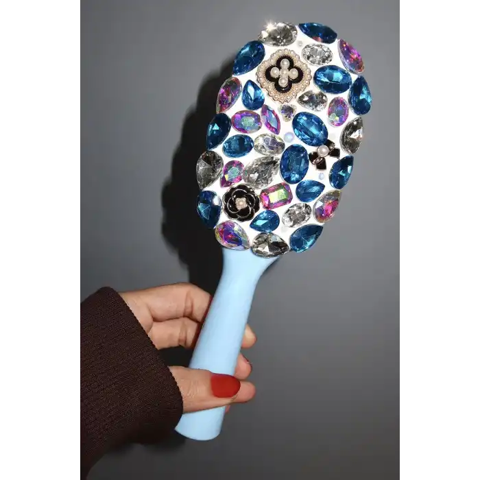 Mavi Renk Taş Ve İnci Detaylı Saç Tarama Fırçası/ Tarak