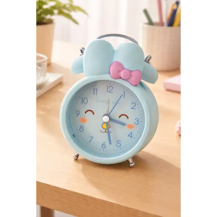 Mavi Renk Tavşan Figürlü Mini Dekoratif Işıklı Alarmlı Yuvarlak Masa Saati