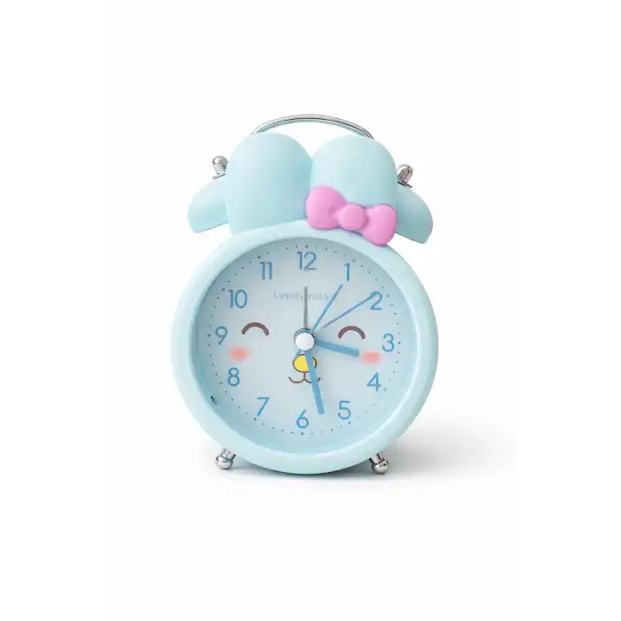 Mavi Renk Tavşan Figürlü Mini Dekoratif Işıklı Alarmlı Yuvarlak Masa Saati