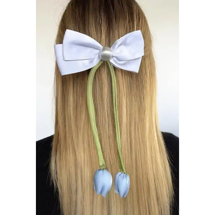 Mavi Ve Beyaz Renk Kurdele Detaylı Lale Figürlü Otomat Toka