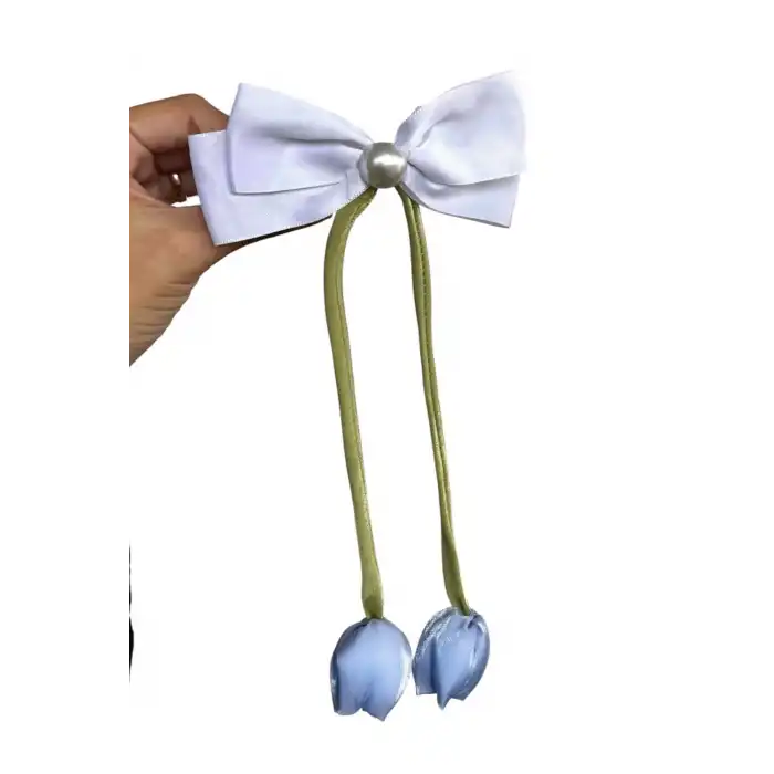 Mavi Ve Beyaz Renk Kurdele Detaylı Lale Figürlü Otomat Toka