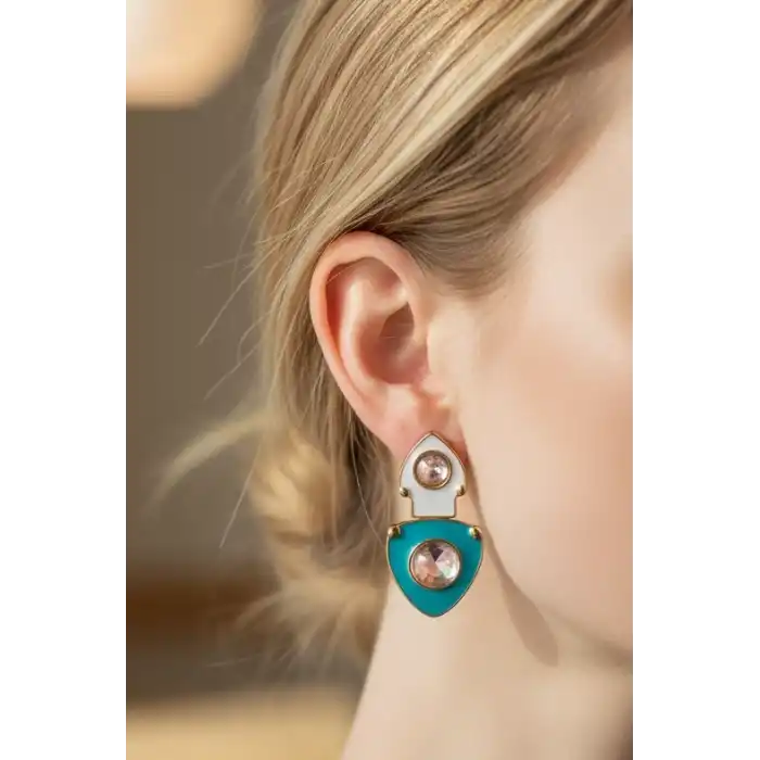 Mavi Ve Beyaz Renk Taş Detaylı Küpe (Çift)