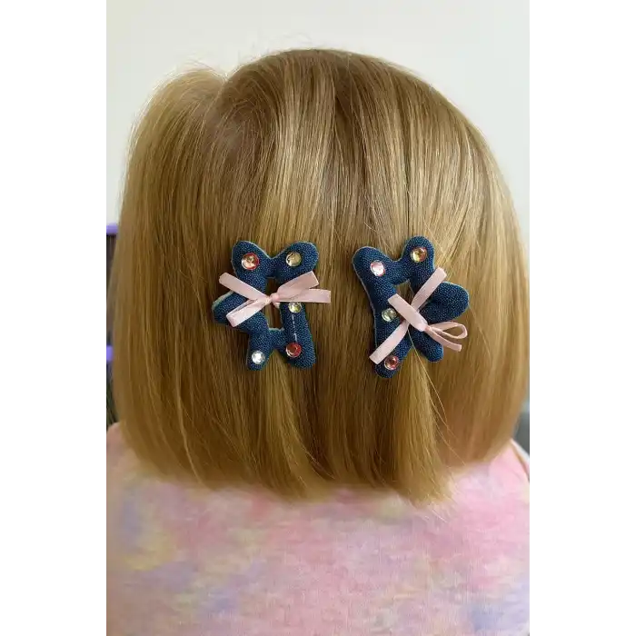 Mavi Ve Pembe Renk Karışık Figürlü Taşlı İkili Mini Mandal Toka Set