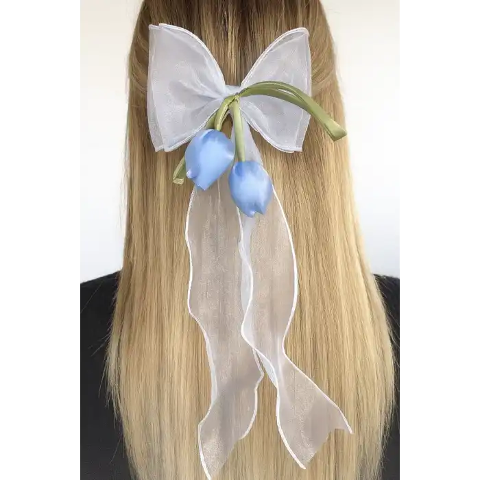 Mavi Ve Yeşil Renk Kurdele Detaylı Lale Figürlü Otomat Toka