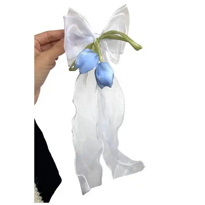 Mavi Ve Yeşil Renk Kurdele Detaylı Lale Figürlü Otomat Toka