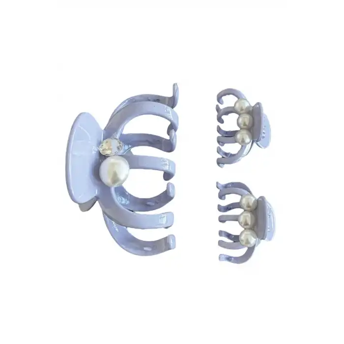 Mor Renk İnci Detaylı 3lü Kemik Mandal Toka Set