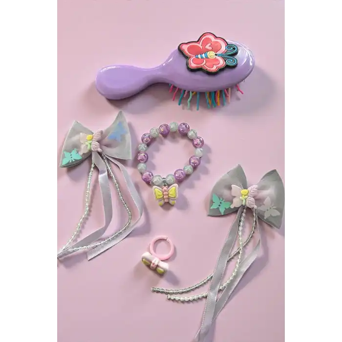 Mor Renk Kelebek Figürlü Tarak /Bileklik /Yüzük Ve Toka Set