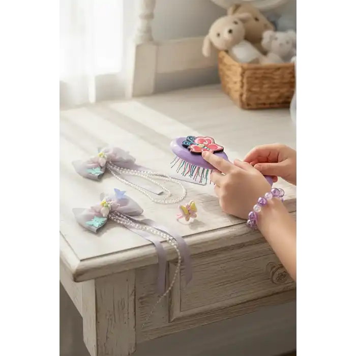 Mor Renk Kelebek Figürlü Tarak /Bileklik /Yüzük Ve Toka Set