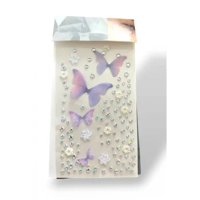 Mor Renk Kelebek Figürlü Taş Detaylı Yüz Taşı/ Yapışkanlı Taşlı Yüz Sticker