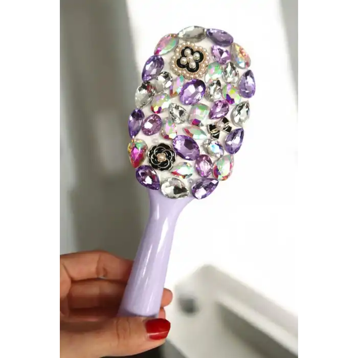 Mor Renk Taş Ve İnci Detaylı Saç Tarama Fırçası/ Tarak
