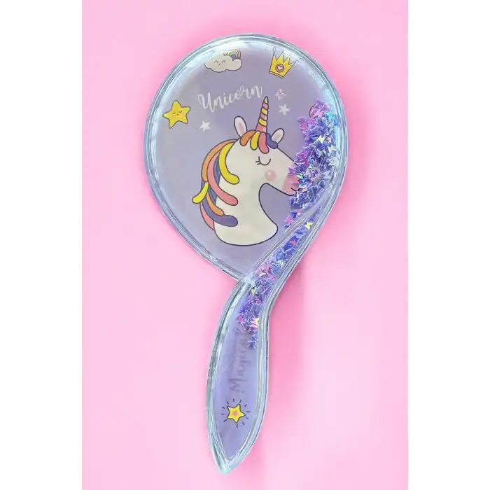 Mor Renk Unıcorn Figürlü Sim Detaylı Saç Tarama Fırçası/ Tarak