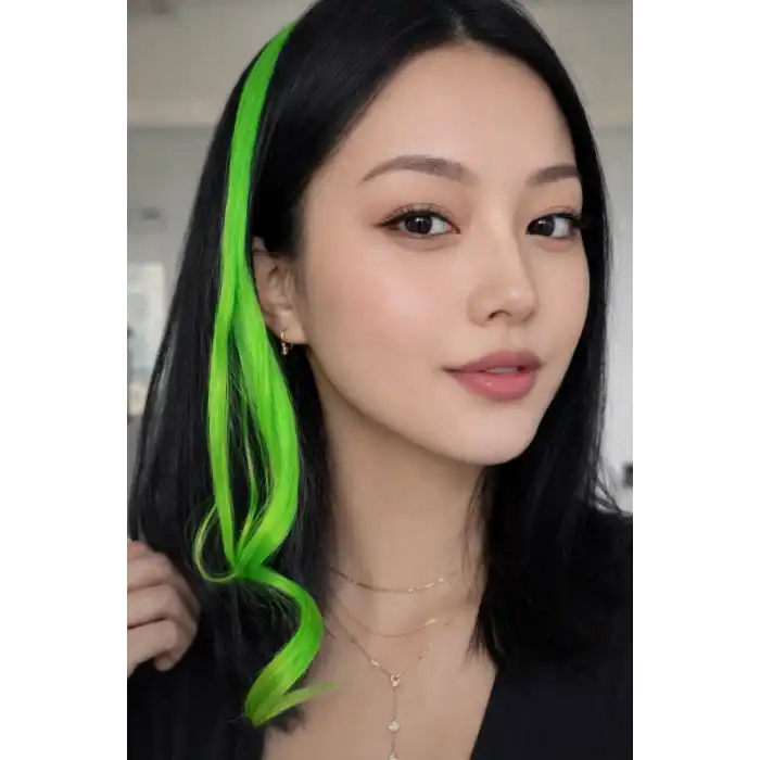 Neon Renk Yan Çıt Çıt Postiş /Yeşil Renk Dalgalı / 45 Cm