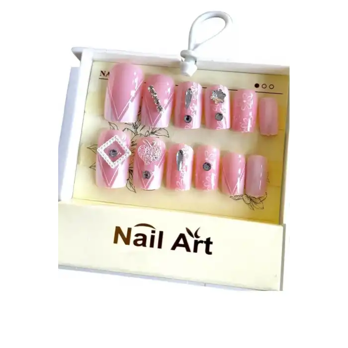 Pembe Renk 12li Taş Detaylı Takma Tırnak Set (Yapıştırıcılı)