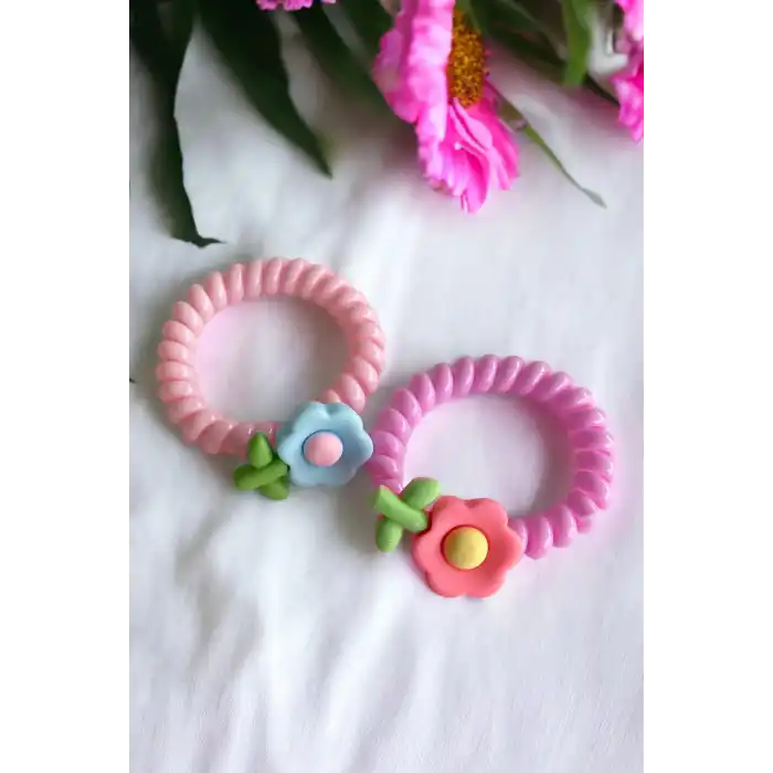 Pembe Renk 2´li Çiçek Detaylı Helezon Toka