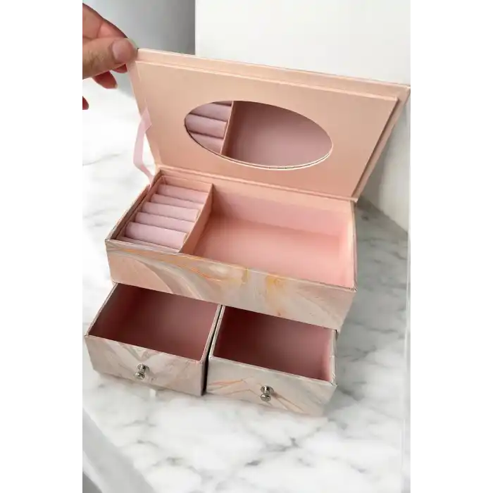 Pembe Renk Ayna Detaylı Bölmeli Çekmeceli Takı Organizeri