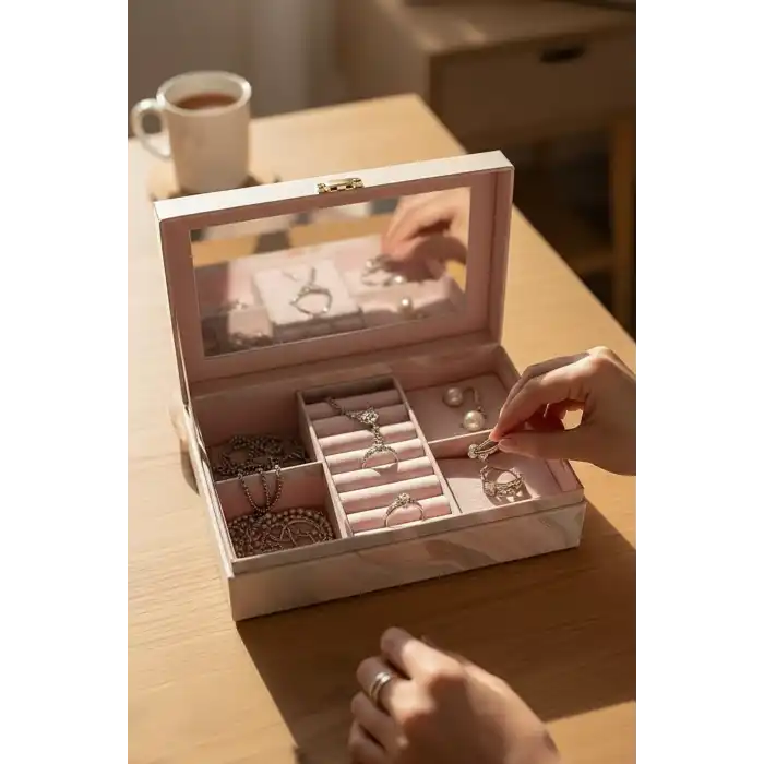 Pembe Renk Ayna Detaylı Takı Organizeri