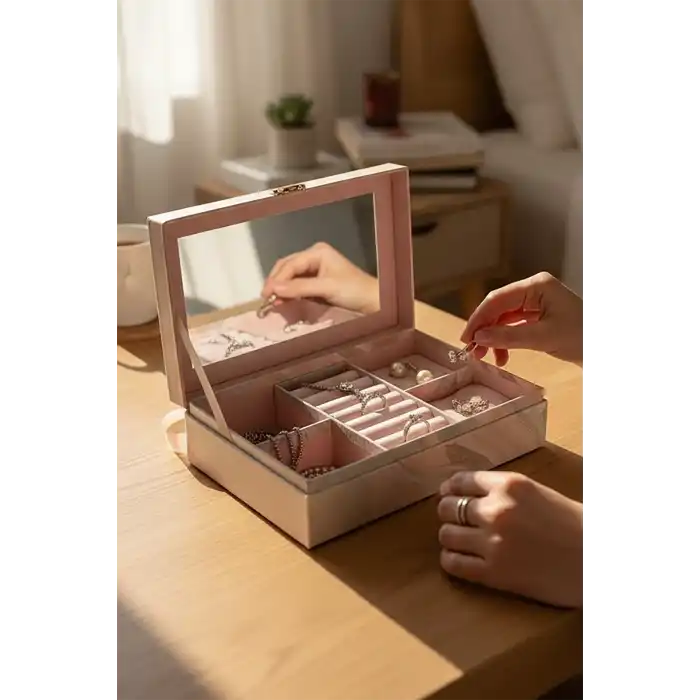 Pembe Renk Ayna Detaylı Takı Organizeri