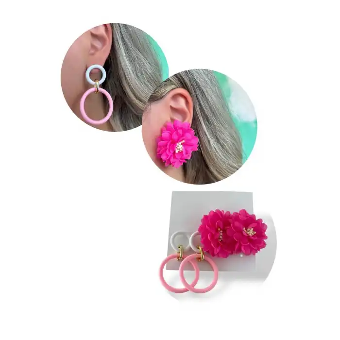 Pembe Renk Çiçek Figürlü Küpe Set